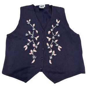Vintage Leslie Fay Floral Embellished‎ Knit Vest Cottagecore Grandmacore Medium